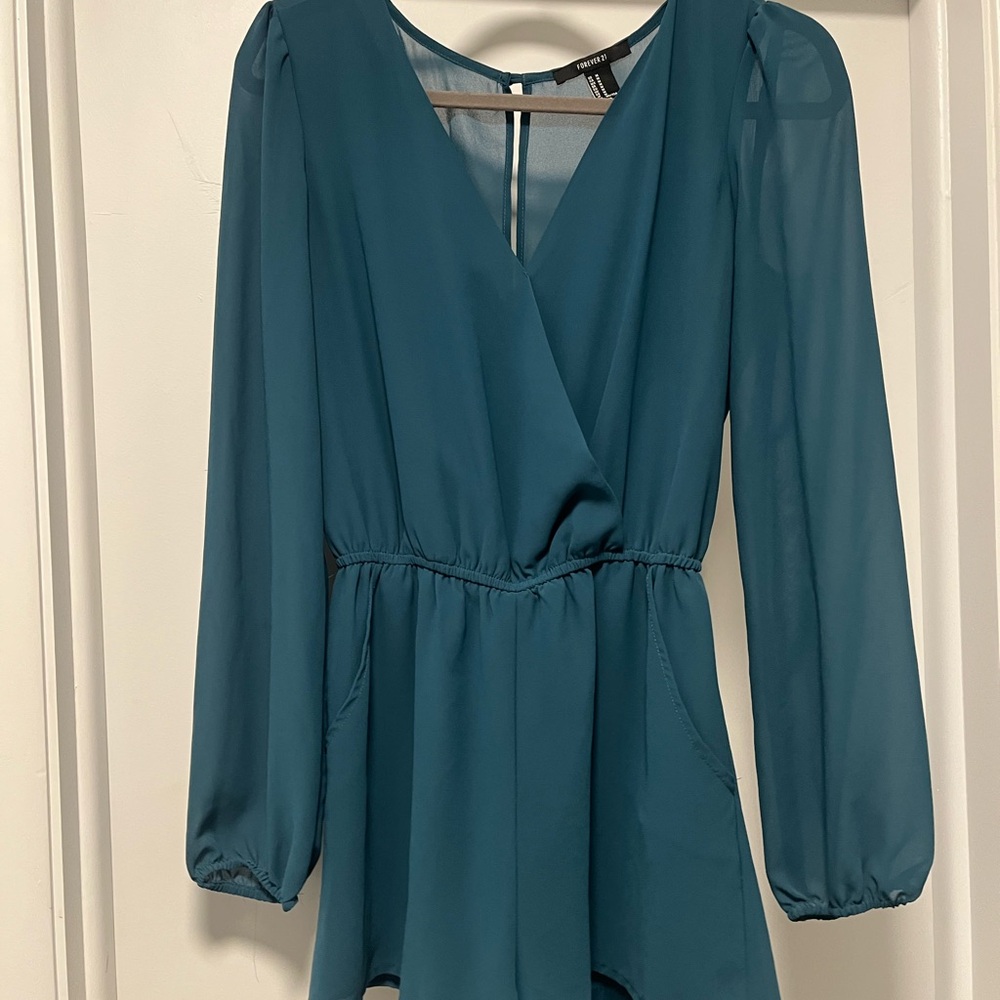 Elegant Teal V-Neck Blouse Romper